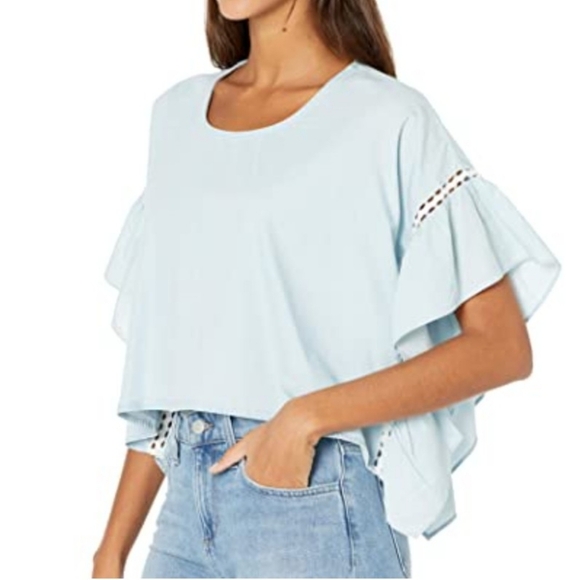 BCBGeneration Top Cropped Ruffled Short Sleeve White Eyelet Chambray Blue L NWT - Picture 5 of 16